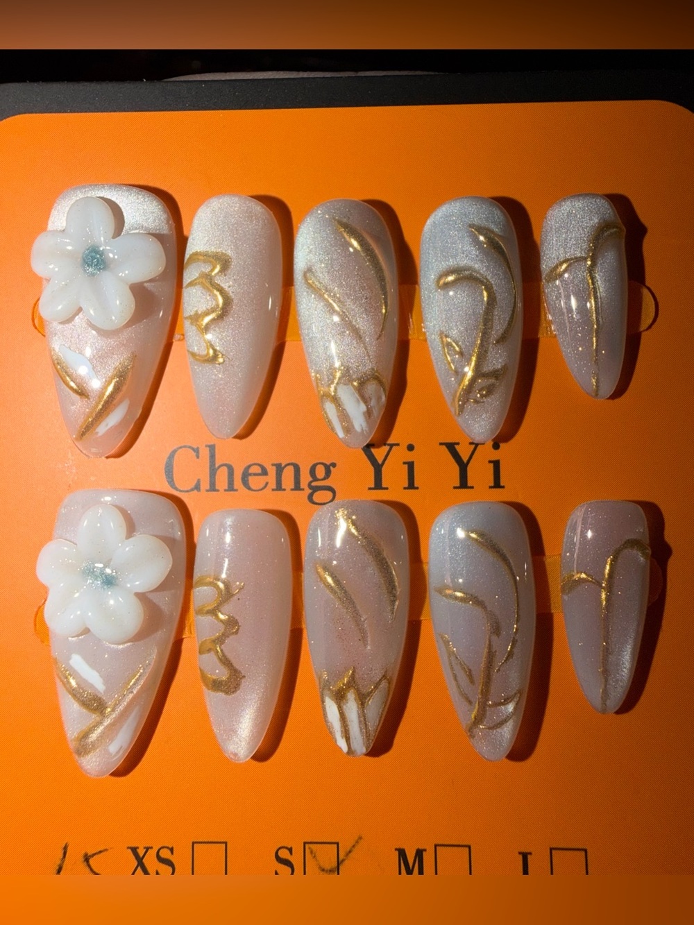 Pearl Pink Press-On Nails with Gold Floral Accents
